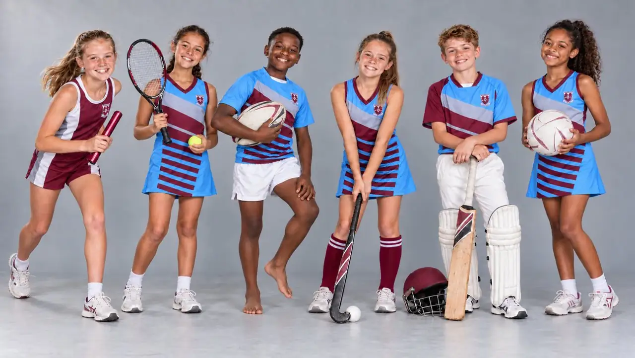 Emmies in hul sportdrag met tennis-, rugby-, hokkie-, krieket- en netbaltoerusting